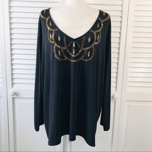 3/$25 ROAMAN’S Black V-Neck Shirt With Gold Embellishments Size 18/20